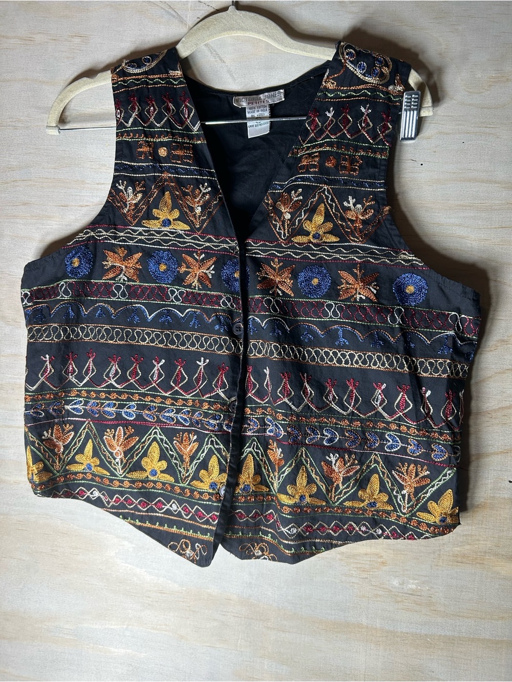 Victoria Jones Woman Black Embroidered Boho Vest with Multicolor Floral Accents